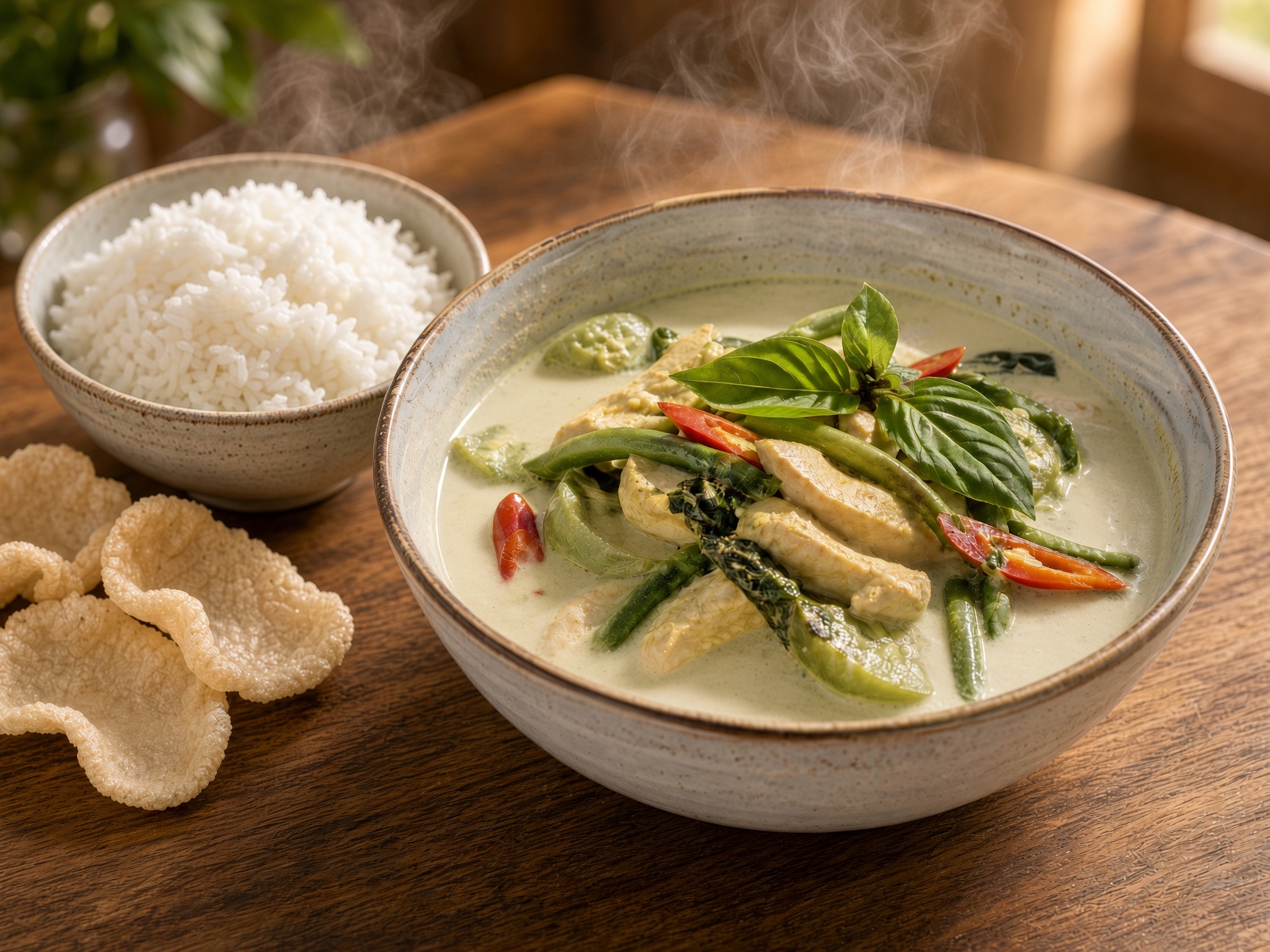 Green curry, cooked and served with rice