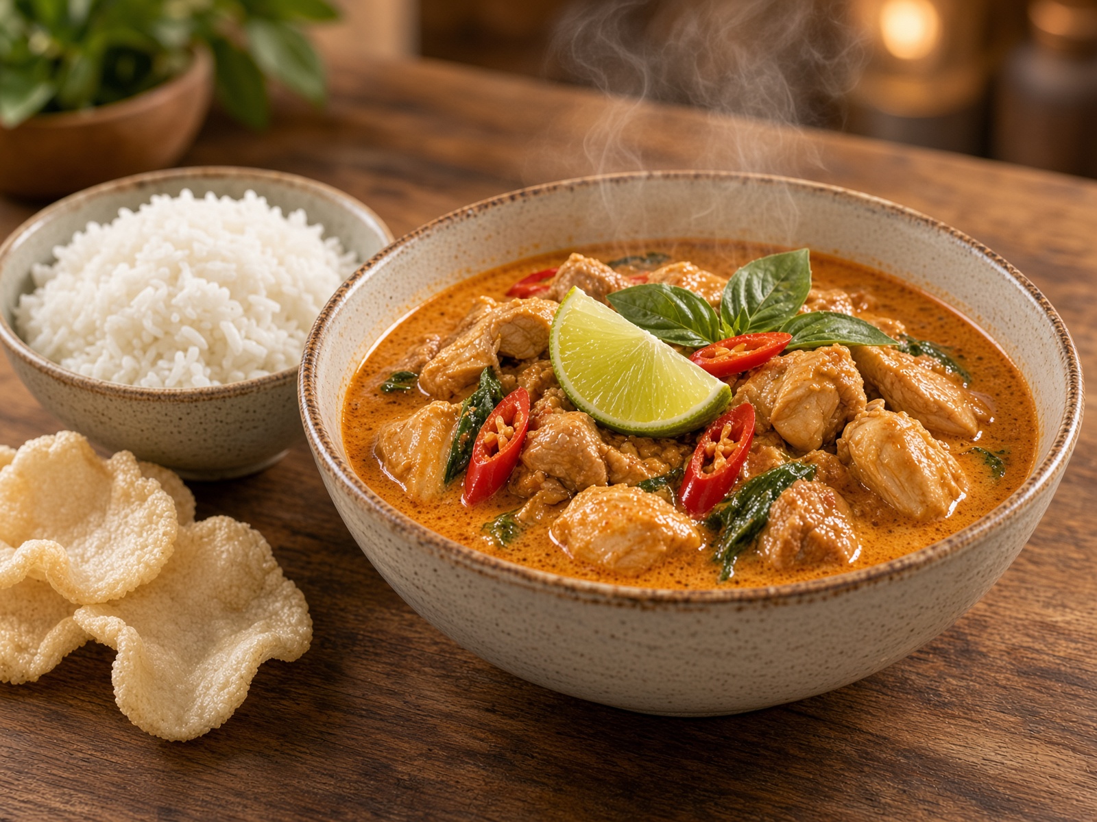 Panang curry on a warm table, with rice and prawn crackers