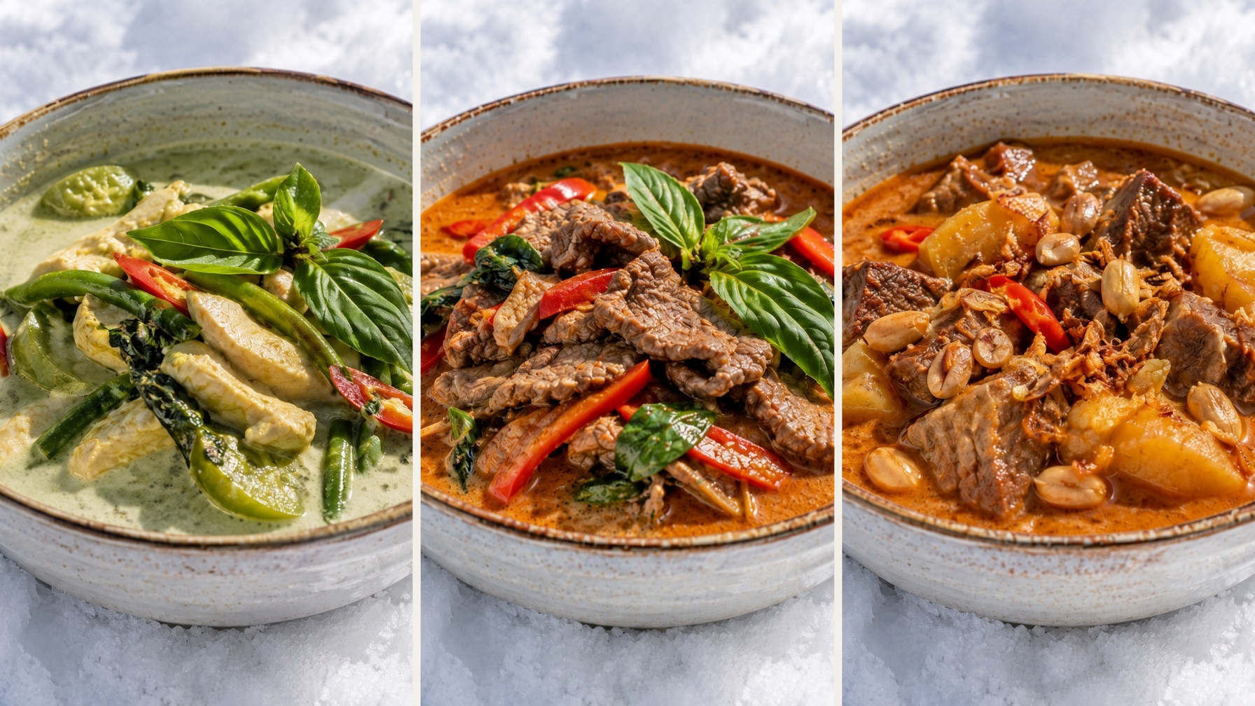 Green curry, Panang, and Massaman in bowls set in the snow